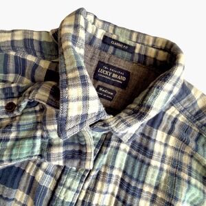 Lucky Brand Plaid Flannel Shirt Mens MED Blue Green Cozy Cabincore Classic Fit